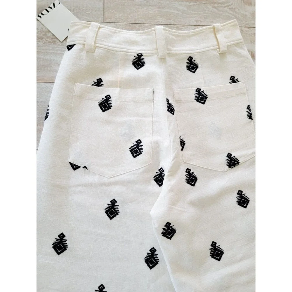 Zara XS Embroidered Wide‎ Leg Linen Pants Oyster White ZW Collection Aztec NWT